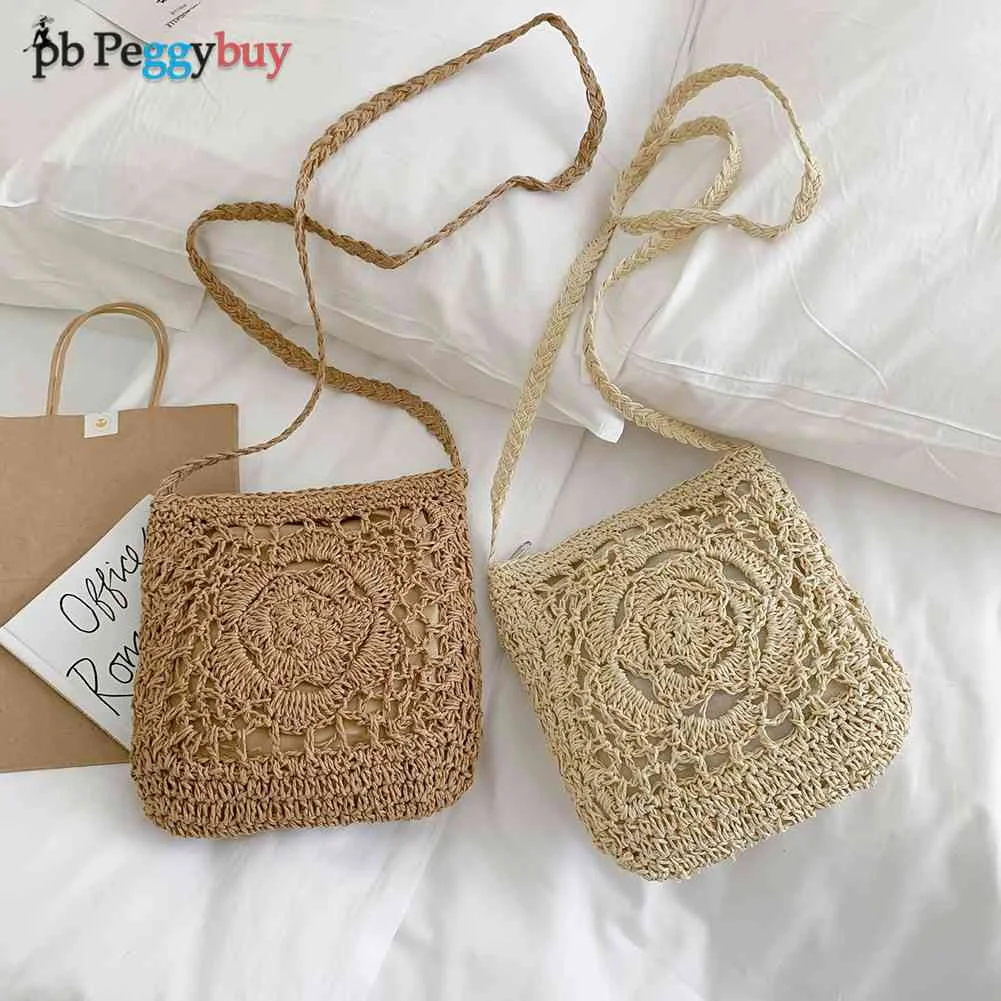 

Женская Соломенная Сумка через плечо, летняя пляжная плетеная сумка ручной работы с полыми цветами, Женская дорожная сумка для шоппинга, ко...