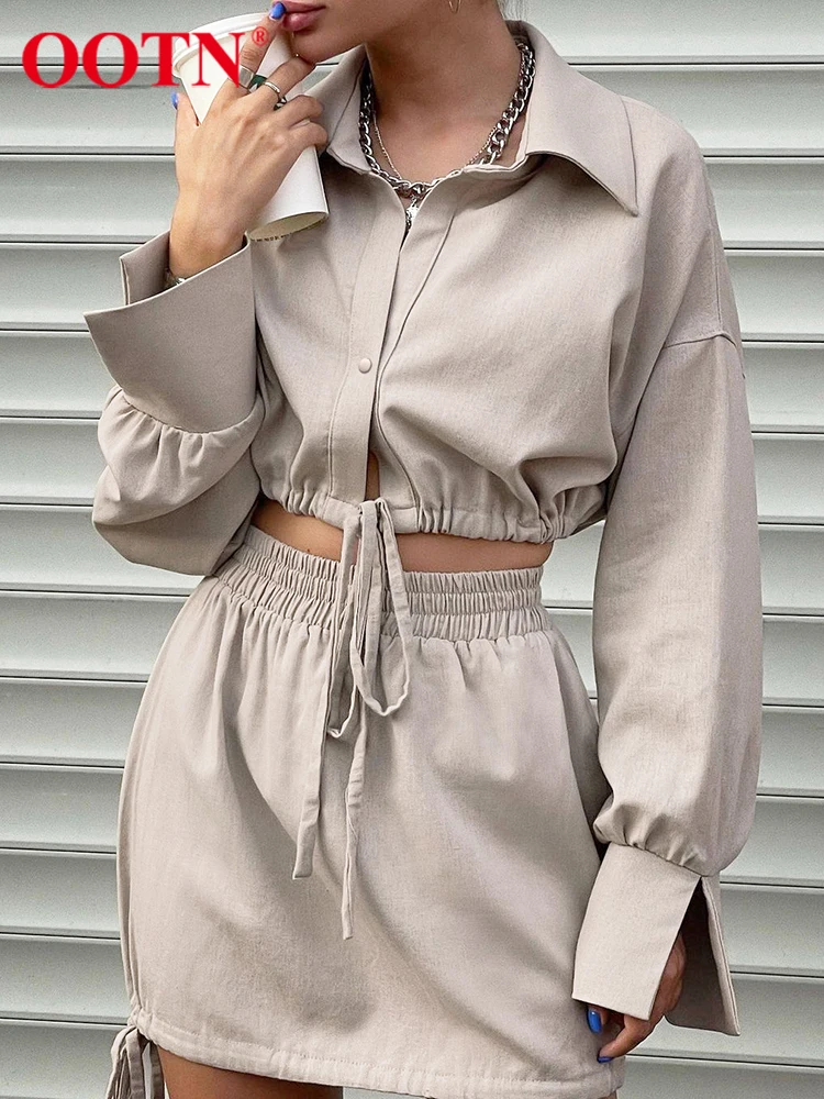 

Женский хлопковый комплект с юбкой OOTN, комплект из 2 предметов, укороченный топ цвета хаки с отворотом на шнуровке, летний костюм с юбкой с эл...