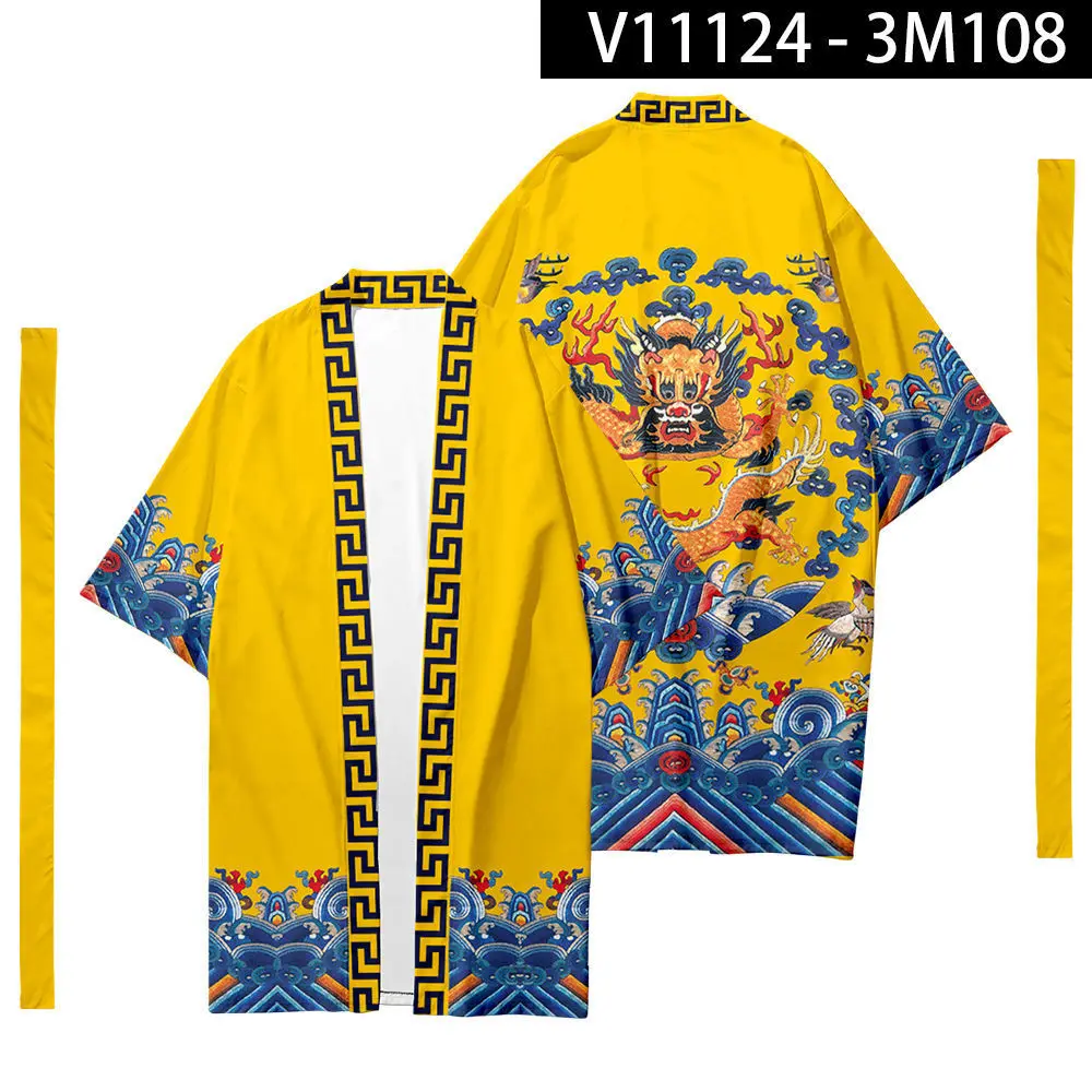 Ropa de calle Yukata de verano para hombres y mujeres, Kimono y pantalones cortos con estampado de Demonio Negro japonés, Cosplay, cárdigan asiático con protector solar para playa