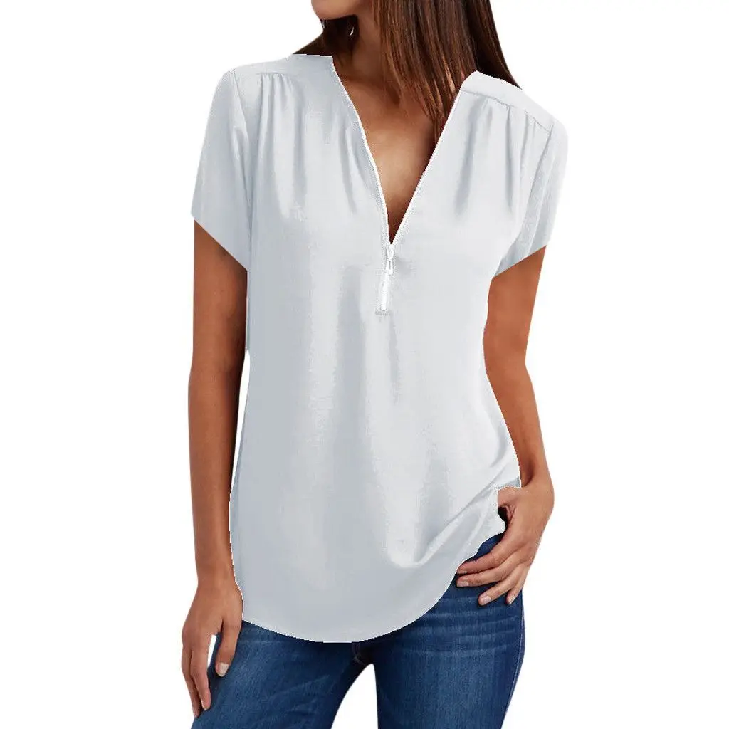 

Summer loose V-neck short sleeve women's T-shirt top White