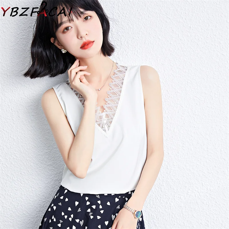 

Женский Летний Шелковый Топ, высококачественный Ацетатный атласный Кружевной Костюм в стиле пэчворк, привлекательный уличный Топ без рукавов с V-образным вырезом