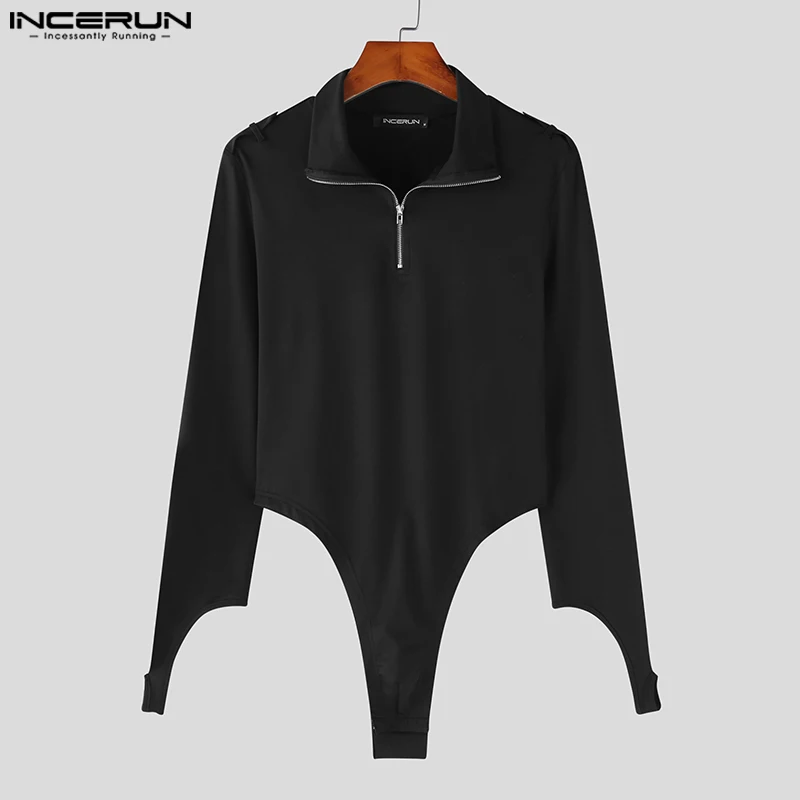 

Мужское боди с отложным воротником, Однотонная футболка с длинным рукавом и молнией для фитнеса, комбинезоны, уличная мода, повседневный мужской боди, 2023