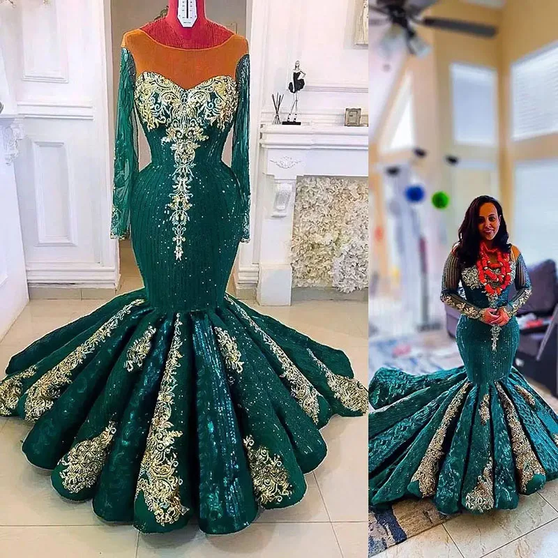 

Arabic Hunter Green Mermaid Evening Dresses Sheer Neck Lace Long Sleeves Aso Ebi Prom Dress Ruffles Sweep Train Party Gowns