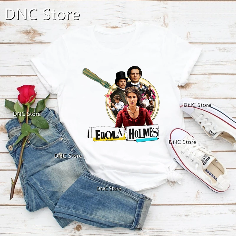 

Новое поступление, женские футболки, новинка, футболки с графическим принтом фильма Энола Холмс 2, женская модная белая рубашка, топы, уличная одежда