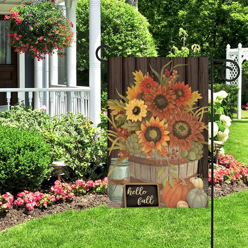 

1PC Hello Fall Pattern Linen Cotton Garden Flag Banner Indoor Outdoor Home Garden Hanging Decor