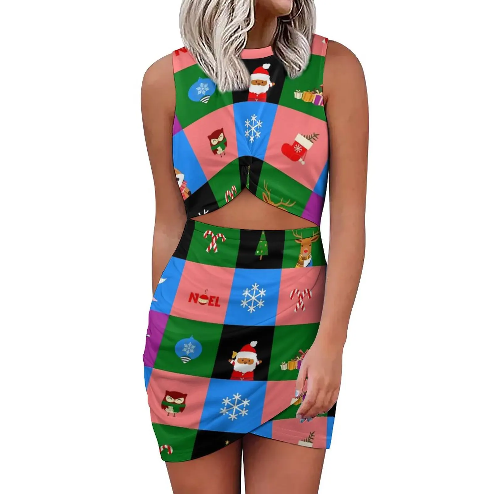 

ColorBlock Check Bodycon Dress Holiday Christmas Print Elegant Dresses Women Sleeveless Graphic Stylish Dress Large Size 5XL