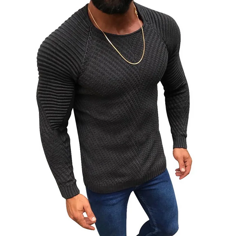 Men Fashion Knitted Pullover Male Solid Color O-neck Striped Long Sleeve Sweater Spring Winter Slim Fit Casual Sweater
