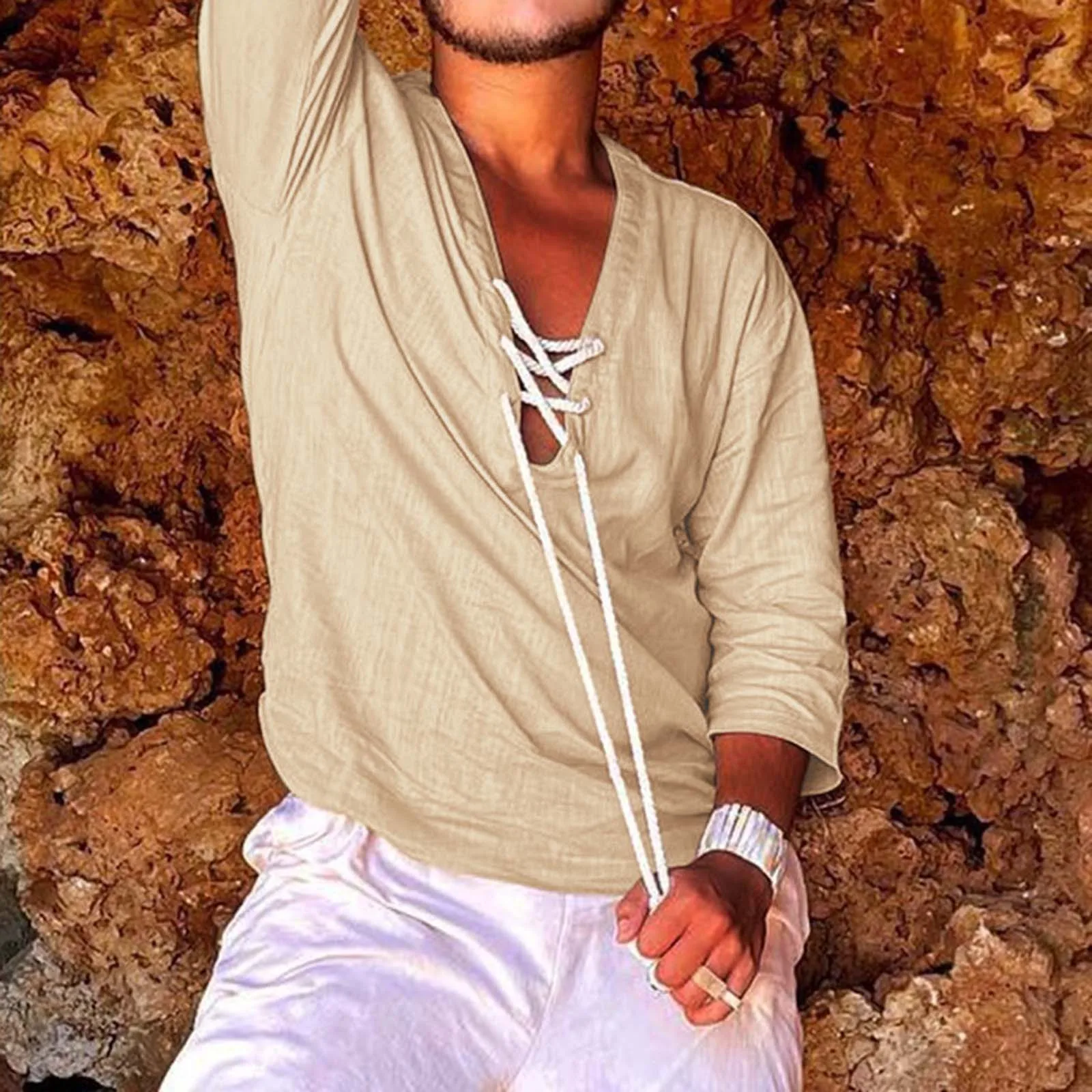 

Блузка мужская летняя из хлопка и льна, с V-образным вырезом и коротким рукавом