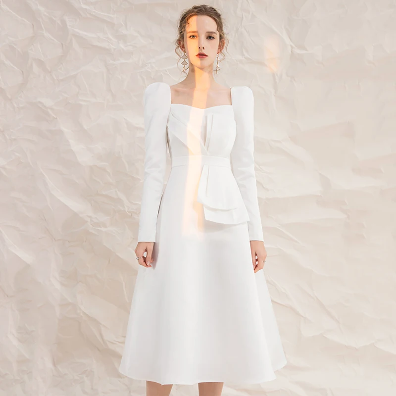 YIGELILA Women Retro Fashion White Dress Elegant Square Collar Full Sleeve Dress Empire Slim A-line Dress Mid-length 67088