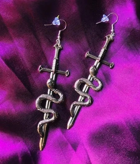 

Snake with Sword Dangle Earrings - Serpent - Goth - Gift - Gothic - Hoops - Witchy - Goddess - Dark - Statement