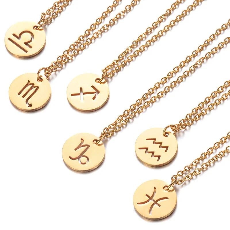 

12 Constellation Golden Round Necklace Female Stainless Steel Hollow Fashion Collarbone Chain Couple Family Friends Jewelry Gift