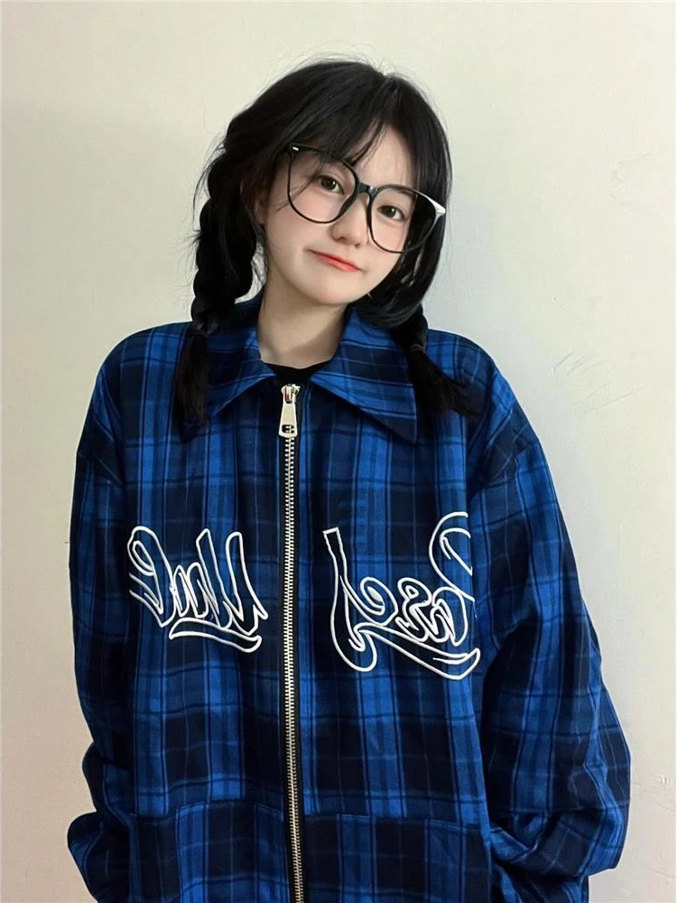 

Deeptown Harajuku Zipper Jacket Women Vintage Streetwear Plaid Letter Embroidery Coats Oversized All-match College Jackets Kpop