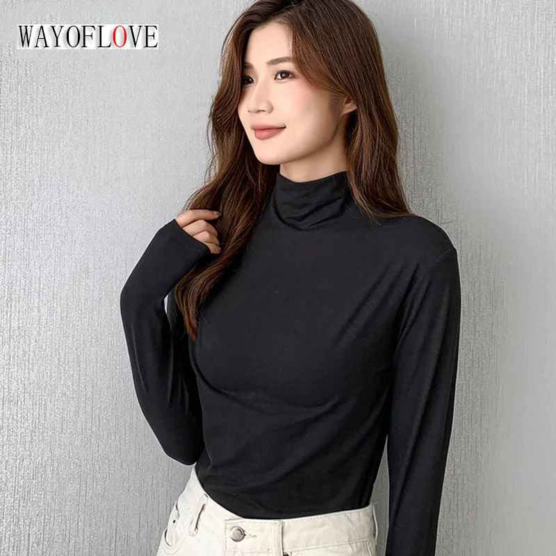 

WAYOFLOVE Modal Bottoming Women's Tops Long Sleeve T-shirt Slim Half High Collar Spring Autumn Winter 2022 New Black Inside Tops