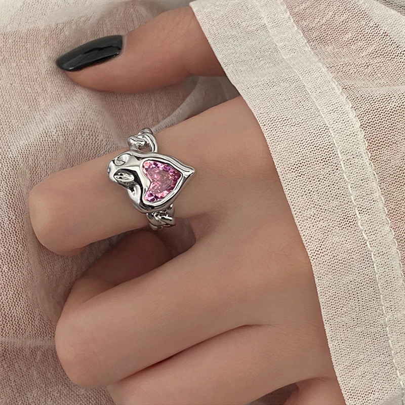 Женское Открытое кольцо с розовым кристаллом Винтажное в форме сердца вырезами и