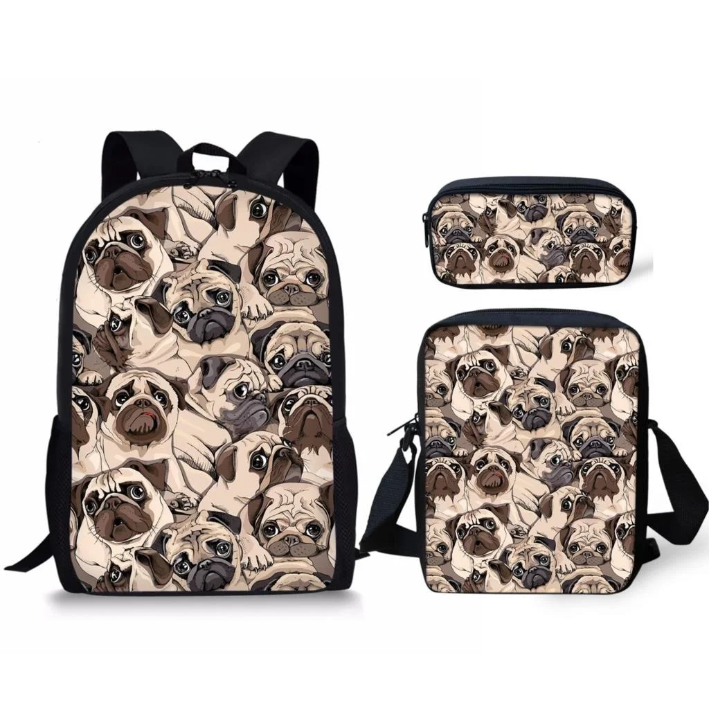 

Cartoon Cute Puppy Pug Dog Print 3Pcs Backpack Set for Teenager Boys Girls Student Kids Campus Lunch Bag Book Bag Pencil Bag
