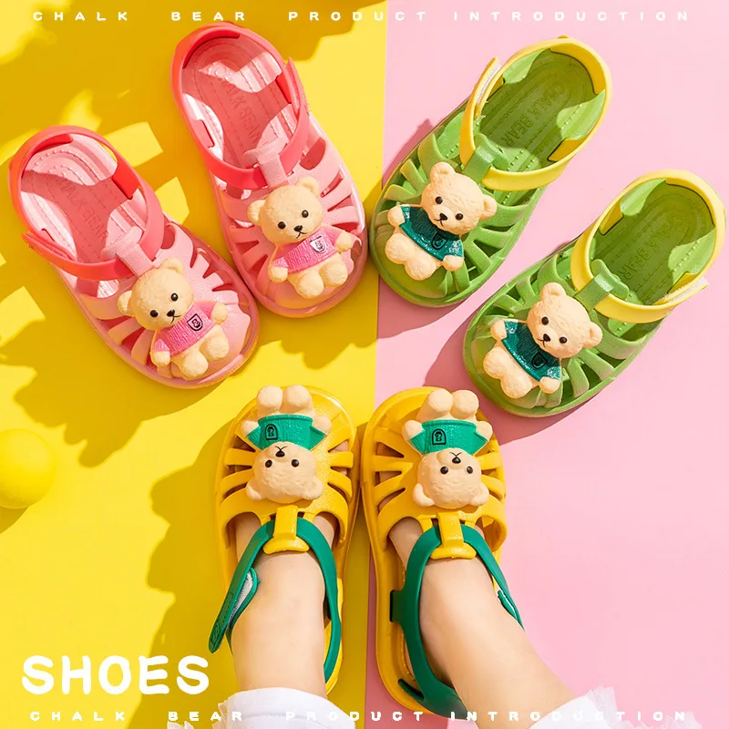 

Children Flat Slippers for Boys Cartoon Bear Girls Soft Non-slip Beach Water Shoes Hook & Loop Summer New Kids Fashion Sandals