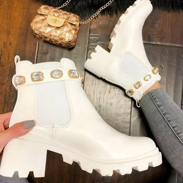 2022 New Women's Ankle Boots Crystal Rhinestone Flat PU Leather Women's Ankle Boots Spring and Autumn Women's Shoes Plus Size