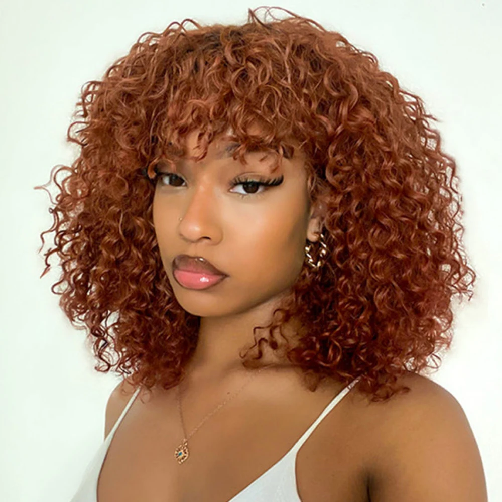 

Jerry Curly Human Hair Wigs With Bangs Full Machine Made Glueless Wigs Highlight Honey Blonde Colored Wigs For Women Peruvian Re
