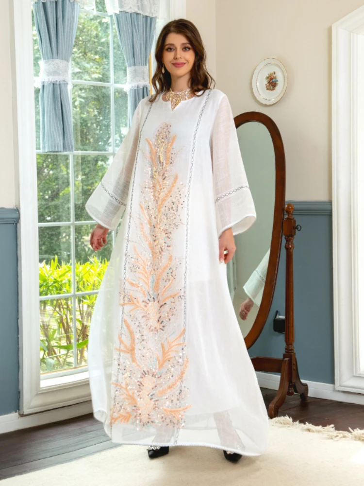 Elegant Casual Floral Embroidery Sequins Beading Long Dress Eid Mubarak Kaftan Dubai Abaya Turkey Muslim Prom Dresses