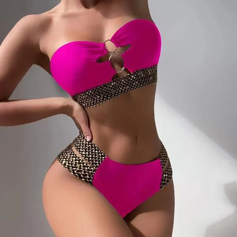 

Biasnv Rhinestone Swimsuit Sexy Hollow Bikini Fashion Low Waist Thong Brazil Than Quinness Set Swimsuit Pink Swimsuit Two-piece