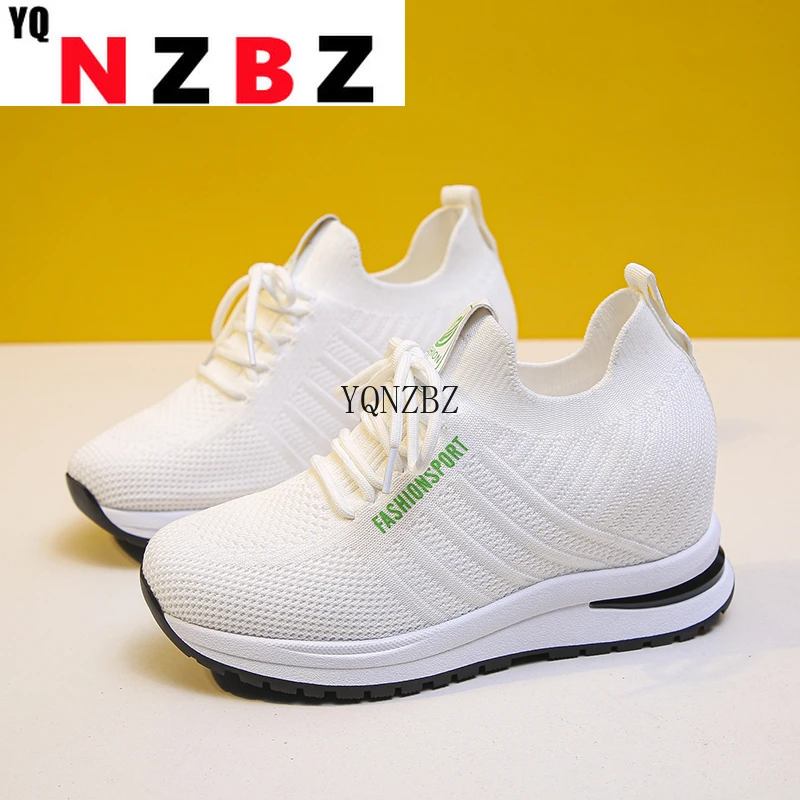 

New Women Sock Shoes Platform Sneakers Breathable Mesh Height-increasing Shoes Lace up Wedges Shoes For Women Casual Shoes