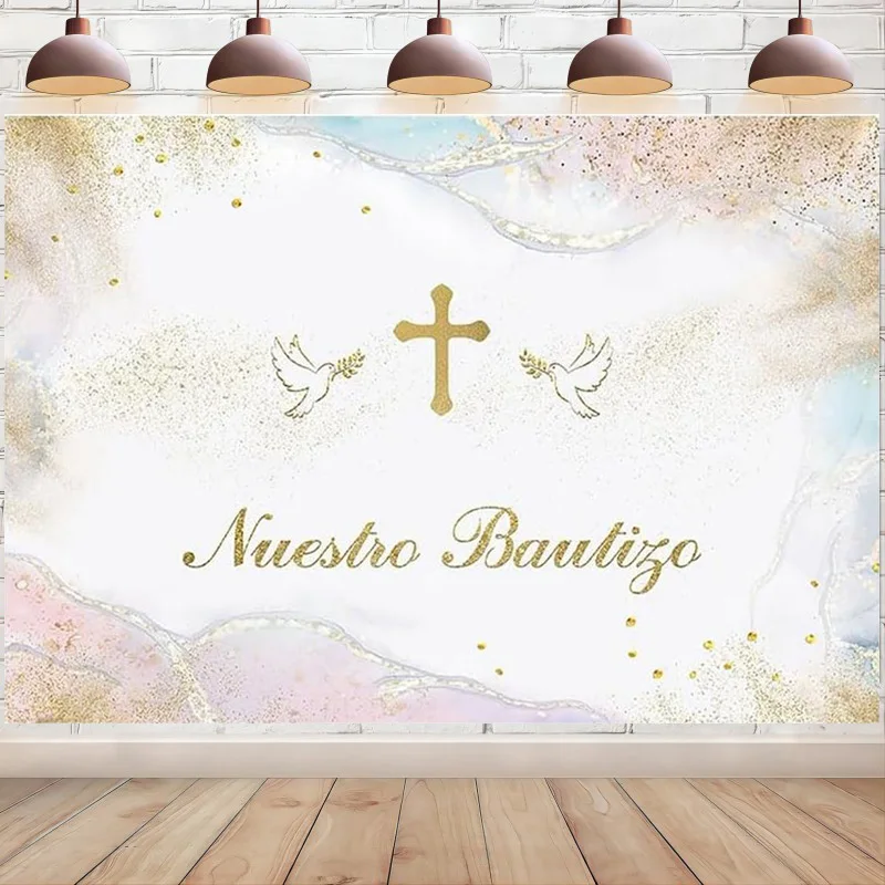 Голубой розовый фон для крестины Mi с изображением голубей мира облаков и