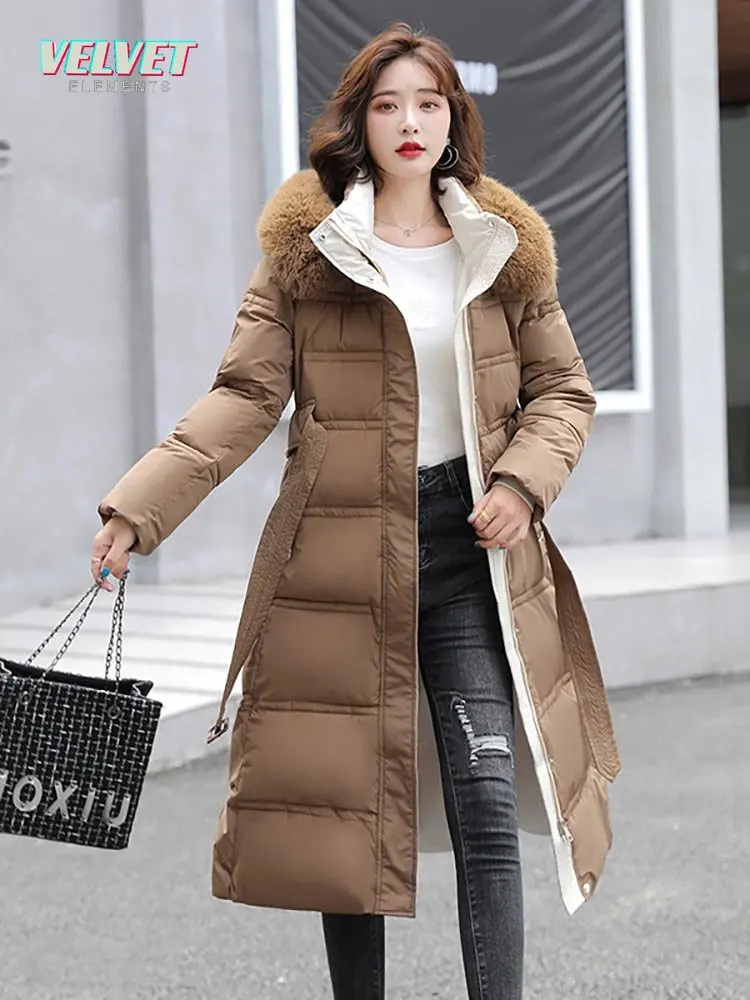 VE 2023 Winter Long Parkas for Women Hooded Fur Collar High Quality Warm Thick Female Coat Snow Wear Jacket Clothes With Belt