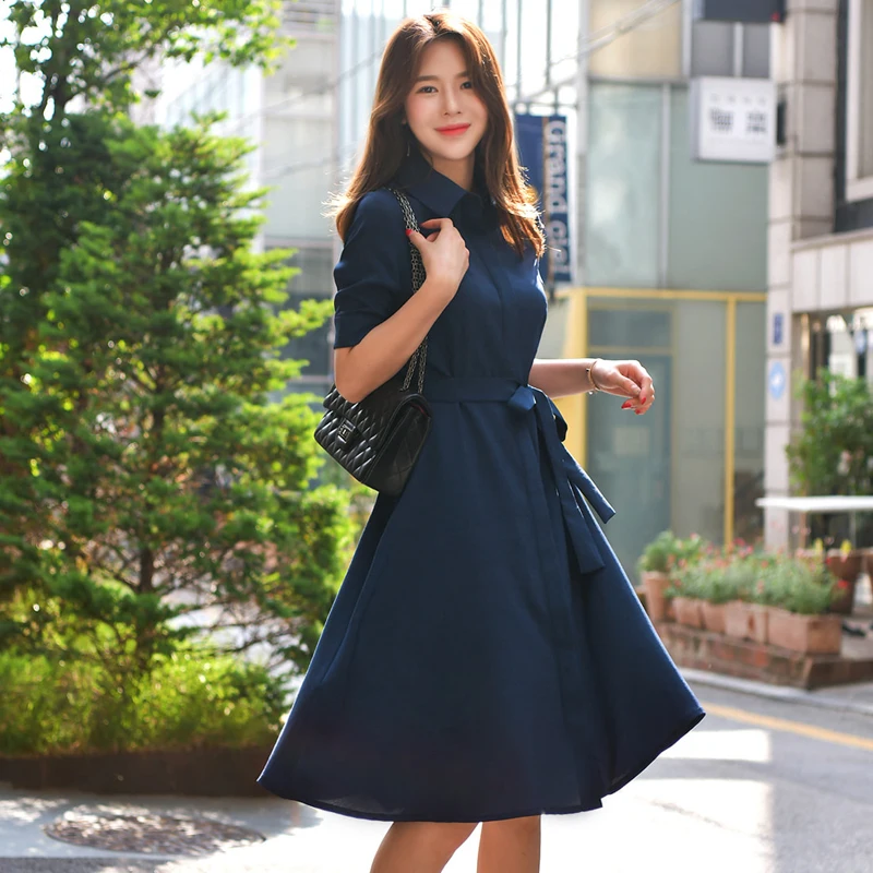 

Женское платье-туника средней длины, летнее Бандажное платье-рубашка со скрытыми пуговицами и поясом, офисное платье в Корейском стиле для ...