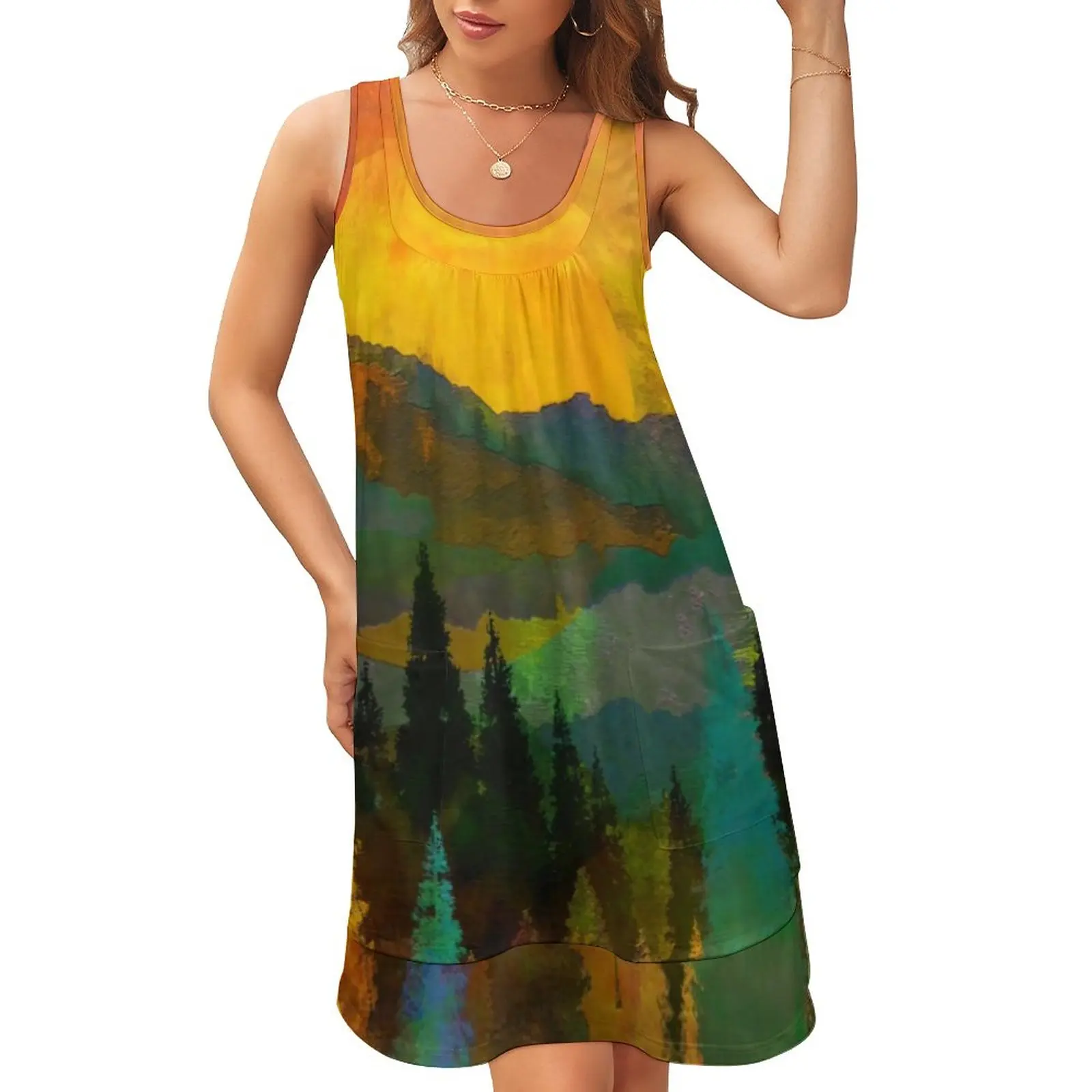 

Sunset Dress Trees and Mountains Aesthetic Dresses Daily Pattern Kawaii Casual Dress Patchwork Vestido Big Size 2XL 3XL