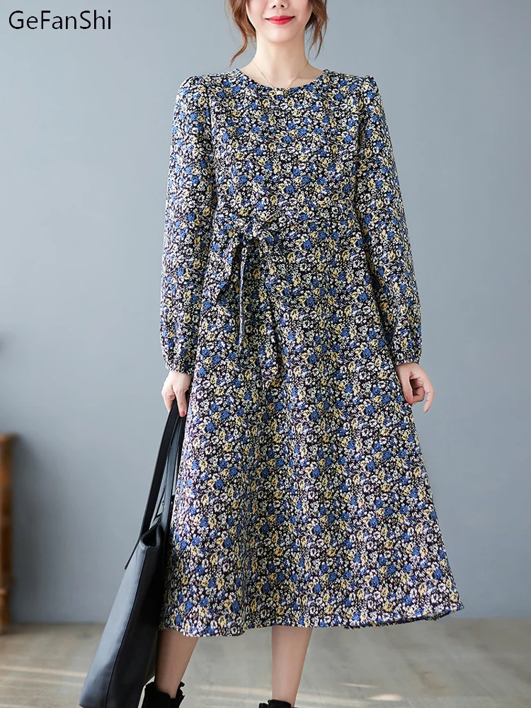 

Женское свободное платье на завязках, повседневное элегантное платье с длинным рукавом и принтом, весна-лето 2022