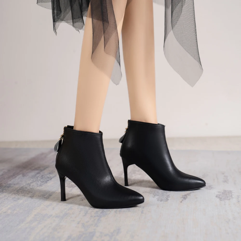 Leather pointed ankle boots women's shoes 2023 new stiletto heels show thin everything with velvet Martin boots