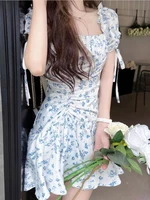 qweek mori floral dress women 2022 summer casual ruffles kawaii puff sleeve wrap blue short dresses sundress square collar