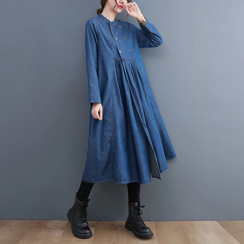 

SuperAen Stand Collar Pullover Long Sleeved Denim Dress Autumn New Style Loose Fashion Denim Long Dress Women