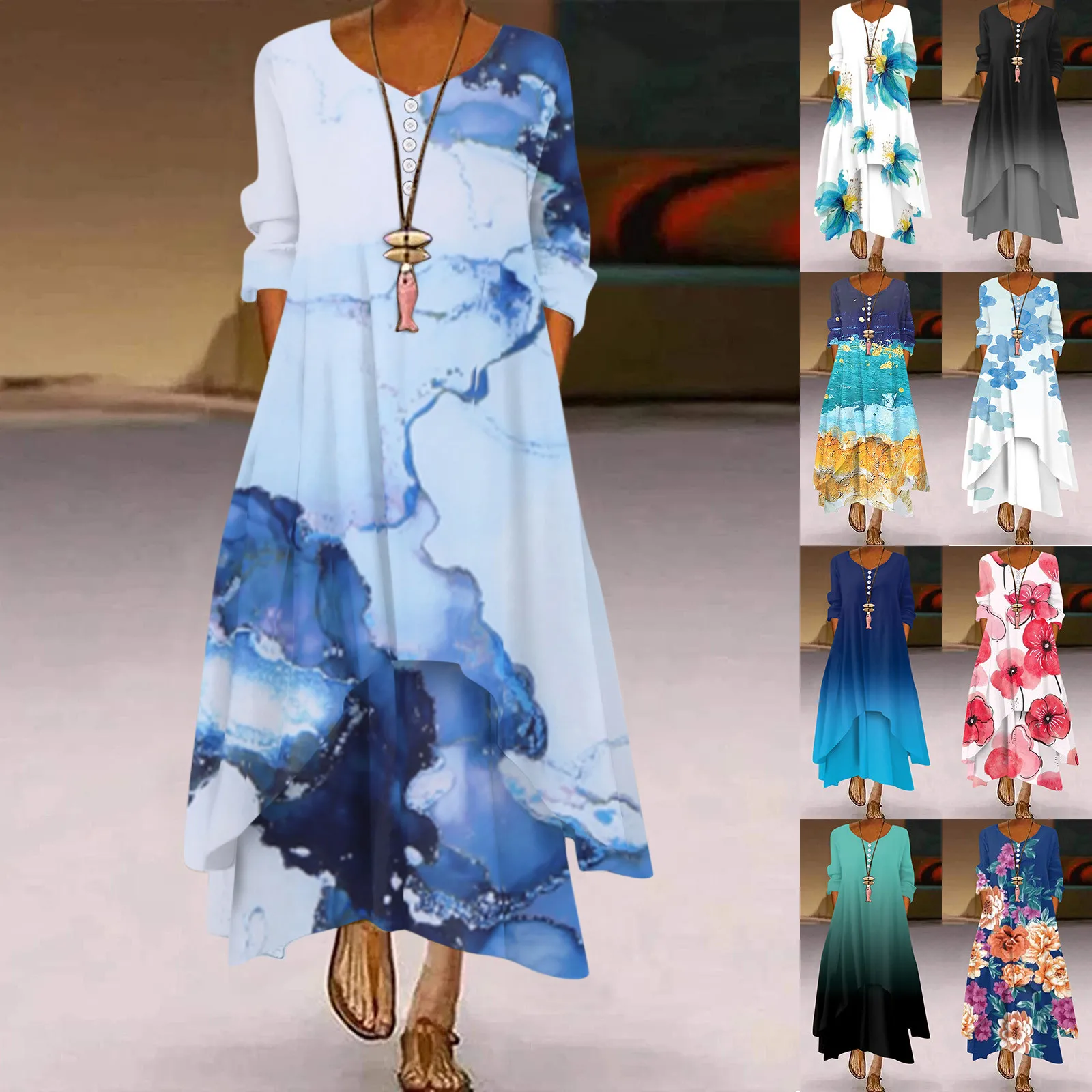 

Простые Женские Платья с цветочным принтом, Элегантное повседневное свободное платье макси с коротким рукавом и V-образным вырезом, миди ку...