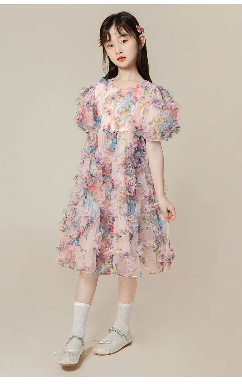 

JICUSYAN Girls Summer 2023 New Style Children Little Gauze Princess Dress Party Mesh Vintage Flower Print