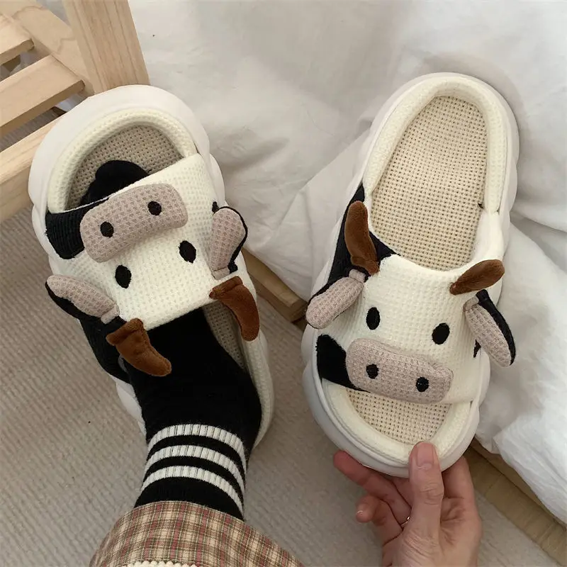 Cute slippers women cow linen slippers female summer Carrot Platform slippers indoor Outdoor slippers Four seasons home shoes