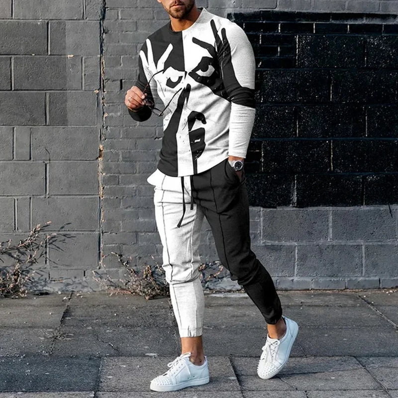 

Men's Long Sleeve T-shirts and Pants Two Piece Interesting Face Hands 3D Printed Men's Sets Casual Suit nike tech fleece Men's