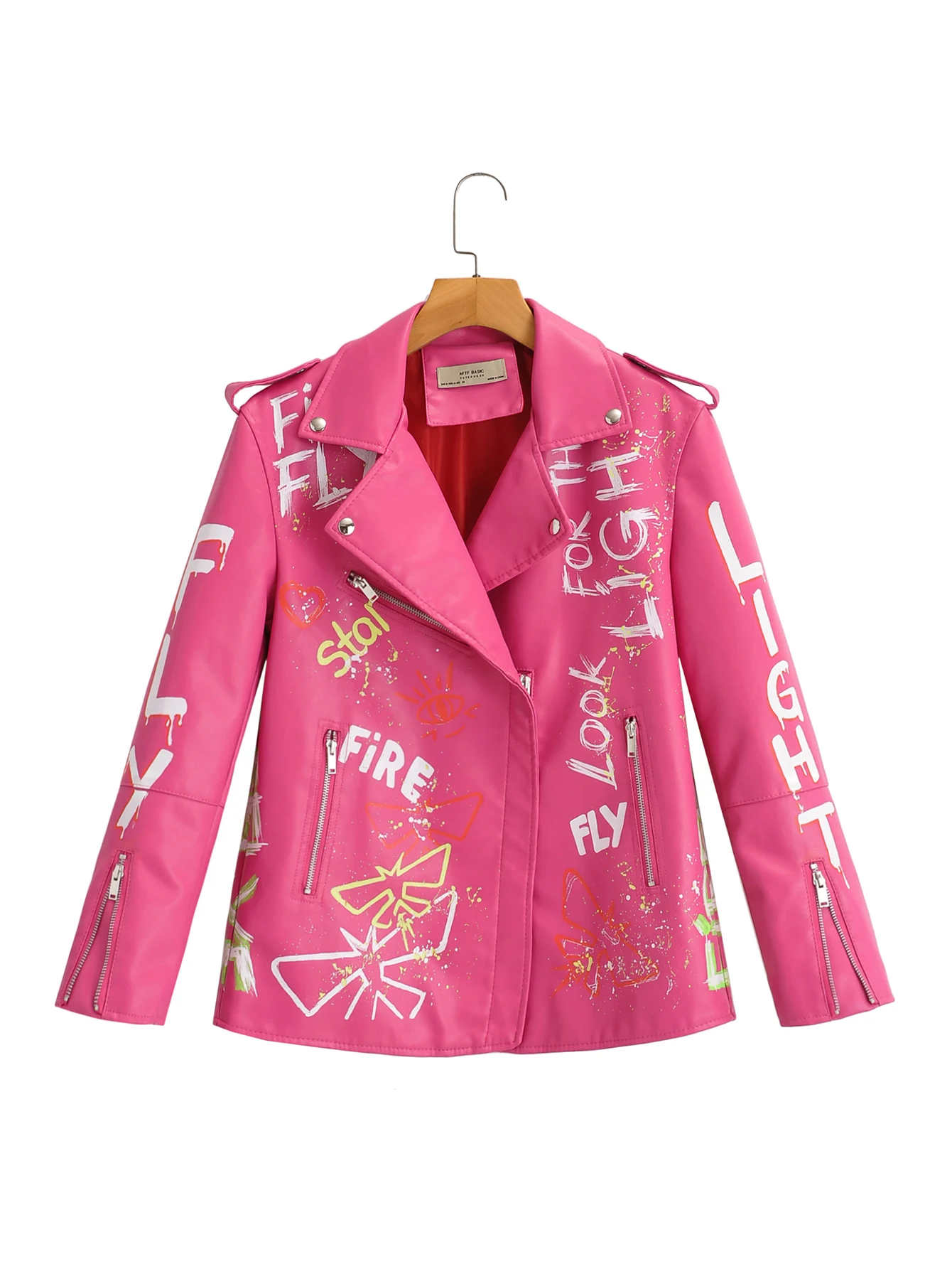 

2023 Women Autumn Winter Faux Soft Leather Jackets Coats Lady Rose Red PU Rivet Zipper Epaulet 3D Print Motorcycle Streetwear