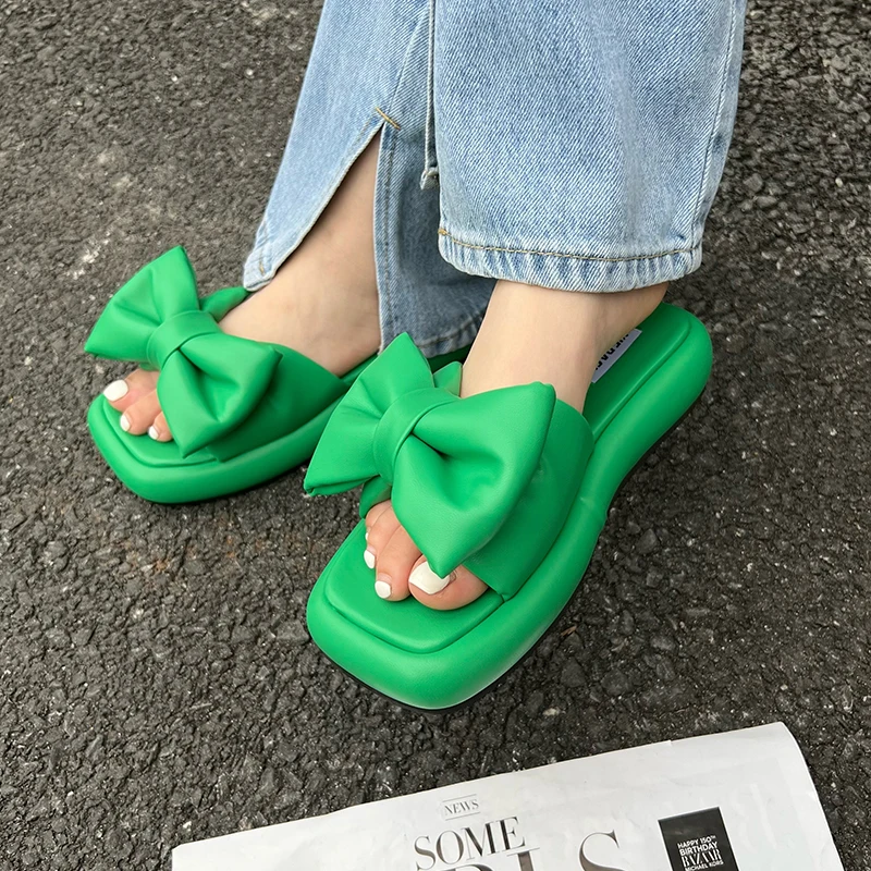 

Ladies Slides Square Toe Ladies Rubber Slippers Fashion 2022 Summer Female Platform Shoes Outside Butterfly-Knot Women Flats
