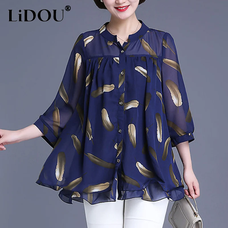 

Summer Oversize Ladies Women's Clothing Round Neck Printing Three Quarter Single Breasted Tops Women Mid-length Chiffon Shirt