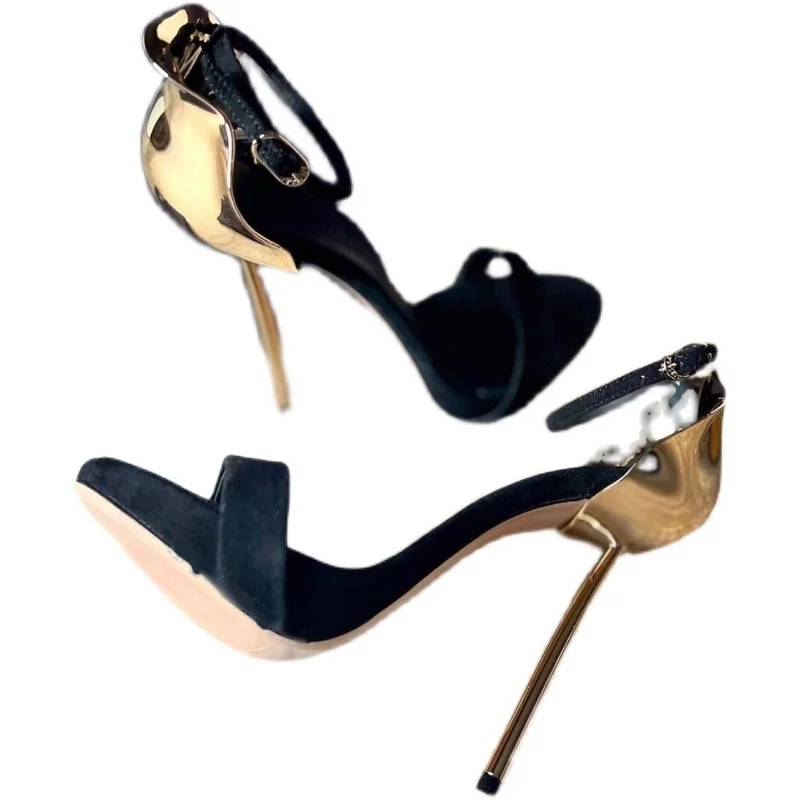 Stiletto Heel Solid Sandals Petal Round Toe Ankle Strap Fashion Women's High Heels Summer All-match  Leather Fashion Sandals