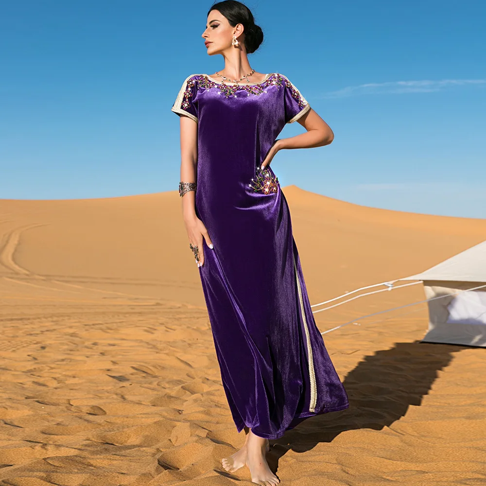 

Purple Velvet Abaya Dress Handwork Diamonds Short Sleeve Arabic Party Evening Dubai Abayas for Women Saudi Islam Moroccan Caftan