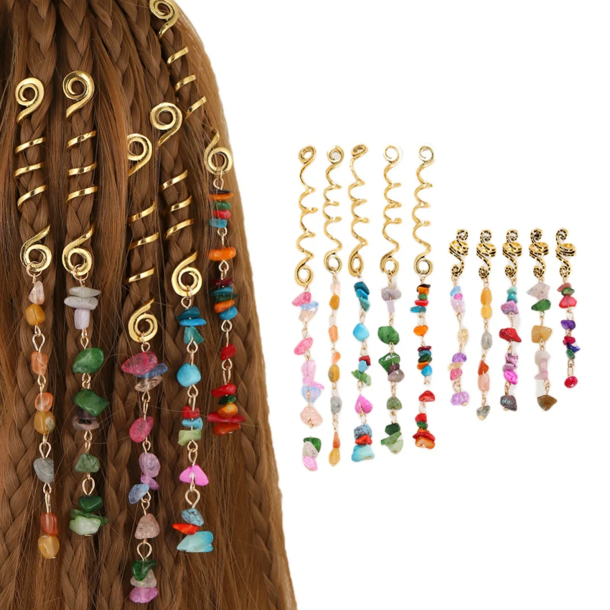 

Colorful Natural Stone Pendant Viking Spiral Braid Hair Cuffs Rings Beaded Tassel Headdress Dreadlock Hair Accessories Jewelry