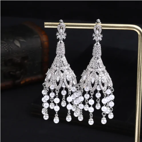 

Women Luxurious Full Zirconium Lantern Pearl Tassel Long Water Drop Lantern Wind Chime Earrings