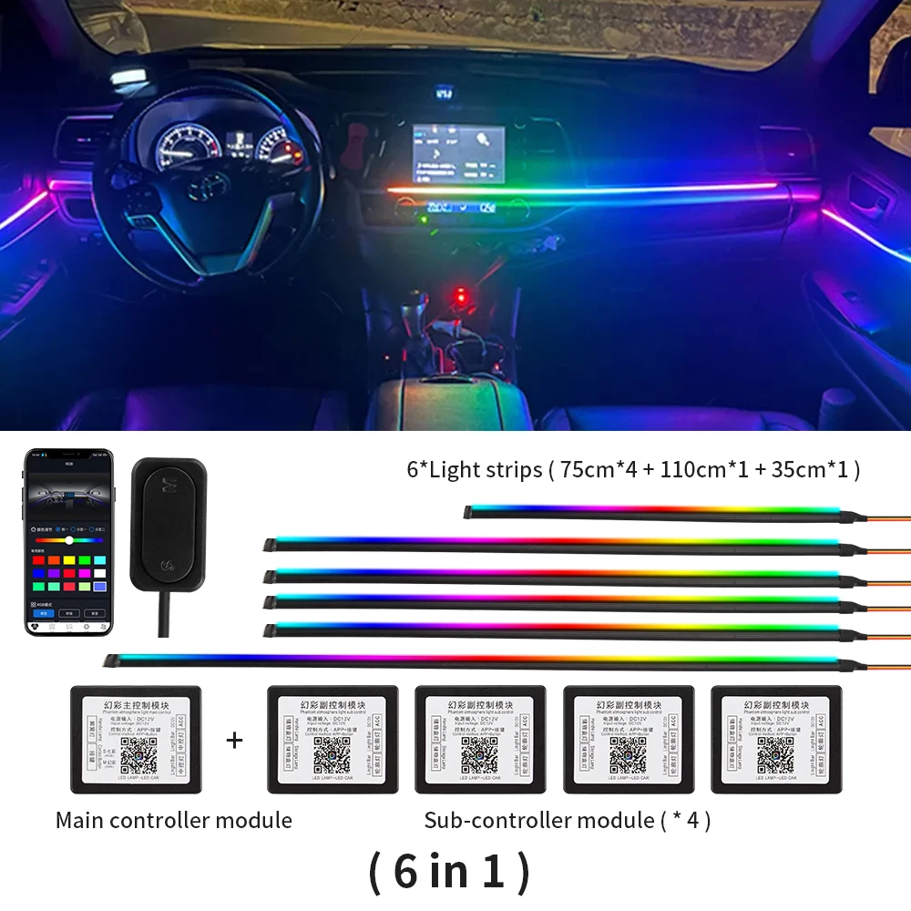 

6 In 1 RGB Rhythmic Music Atmosphere Lights For Whole Car Streamer Rainbow Acrylic LED Strip Dashboard Decoration Ambient Light