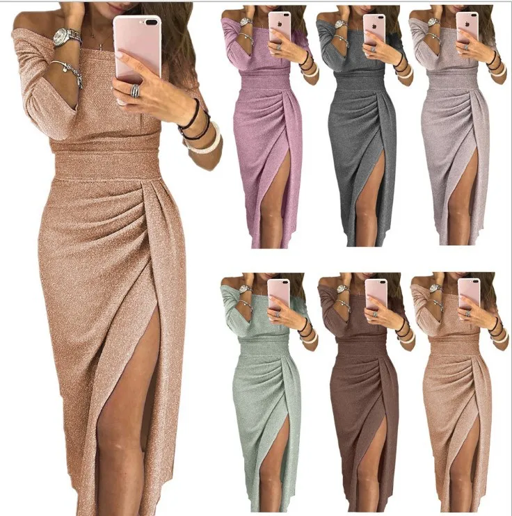 

Autumn Winter Solid Sexy Off Shoulder Lady Evening Party Dresses High Waist Long Dress Elegant Aesthetic Club Vestidos De Fiesta