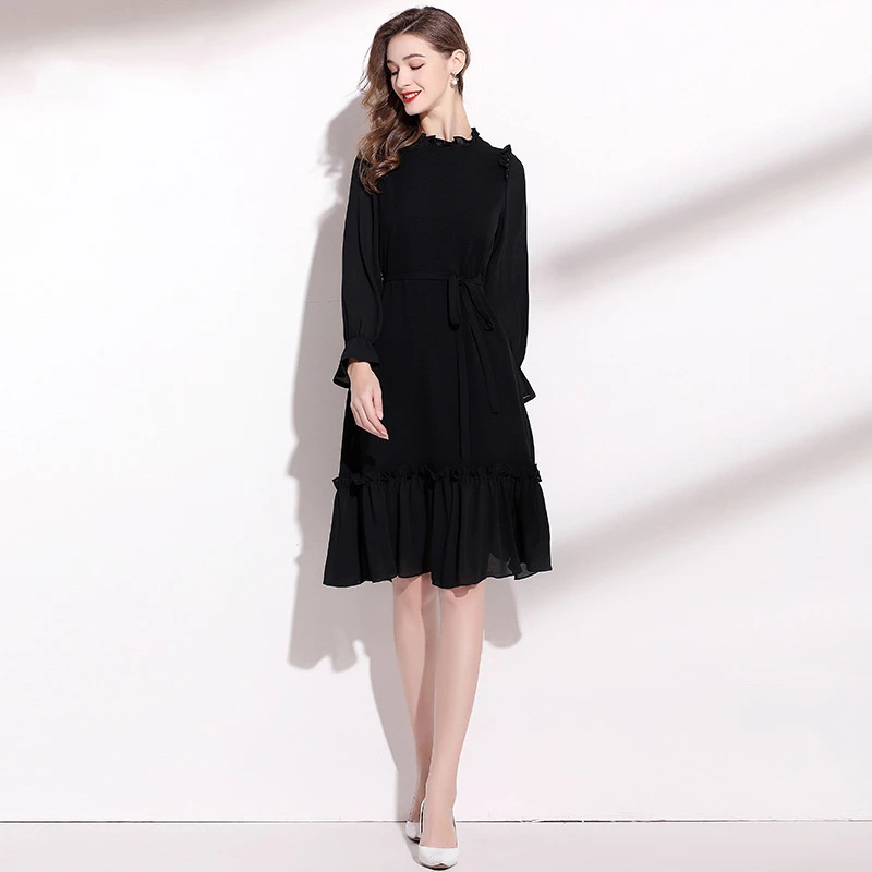 

Black Dress For Women M-XXL Autumn 2022 New Stand Collar Long Sleeves Solid Colour Slimming A-Line Elegant Ladies Clothes