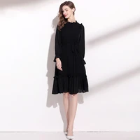 Black Dress For Women M-XXL Autumn 2022 New Stand Collar Long Sleeves Solid Colour Slimming A-Line Elegant Ladies Clothes