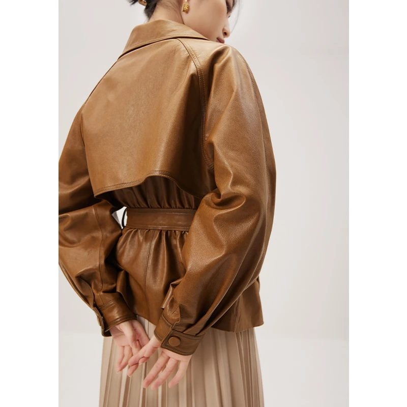 Genuine Leather Jacket for Women Sheepskin Covered Button Adjustable Waist Spring/Autumn High Street  Turn-down Collar