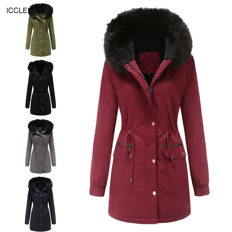 ICCLEK 2021 autumn and winter new style women's plush cotton clothes women's fur collar hooded warm coat loose cotton clothes